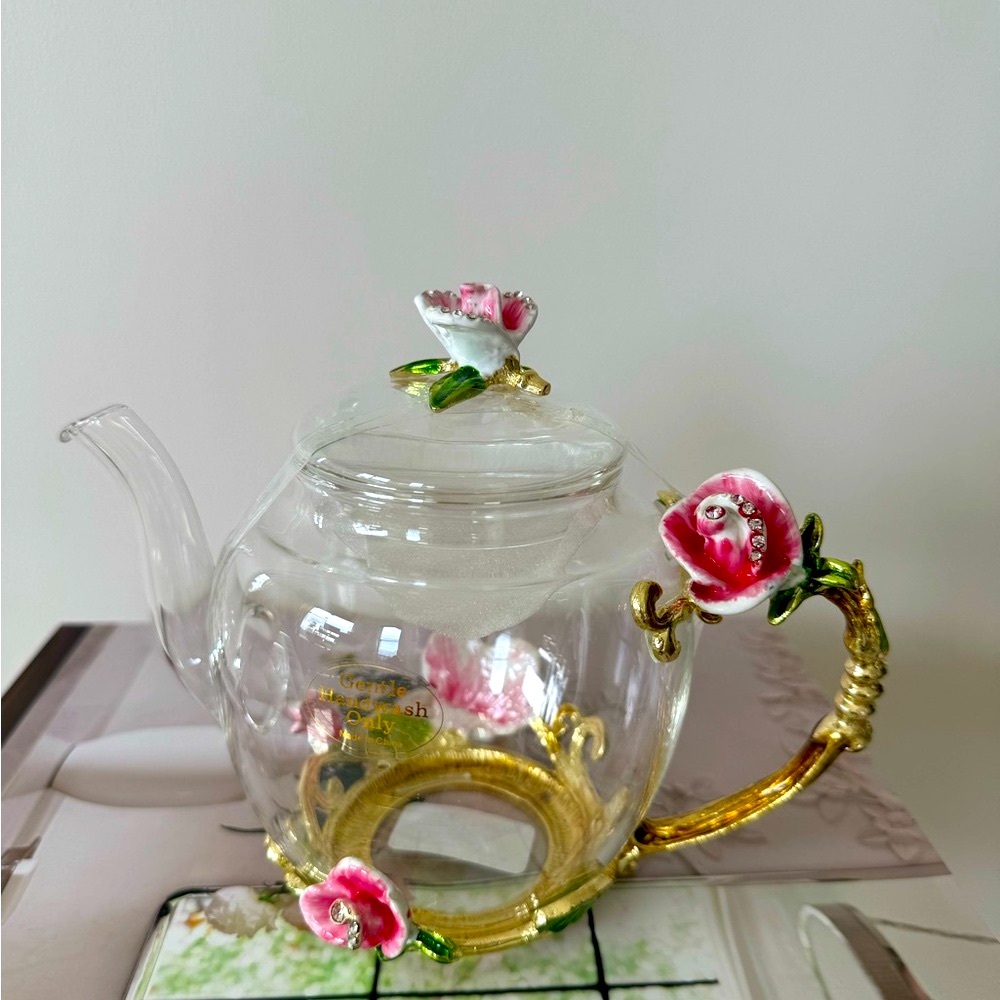 Elegant Glass Floral Teapot with Pink Accents NWT - Picture 3 of 7